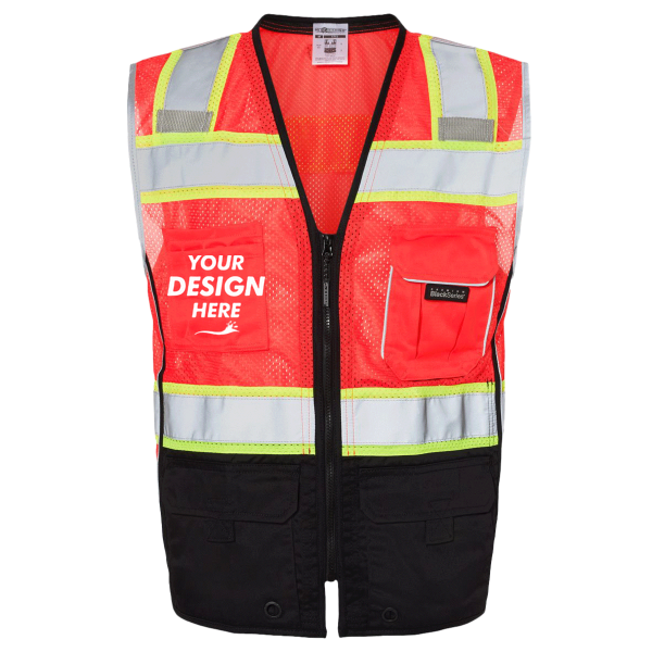 Kishigo Unisex Premium Black Series® Black Bottom Class 2 Vest, Fluorescent Red (1715), Front view, Mockup