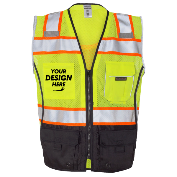 Kishigo Unisex Premium Black Series® Black Bottom Class 2 Vest, Lime, Front view, Mockup