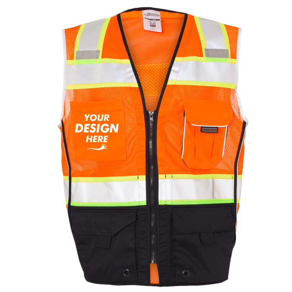 Kishigo Unisex Premium Black Series® Black Bottom Class 2 Vest, Orange, Front view, Mockup