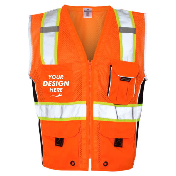 Kishigo Unisex Premium Black Series® Heavy-Duty Vest, Orange, Front view, Mockup