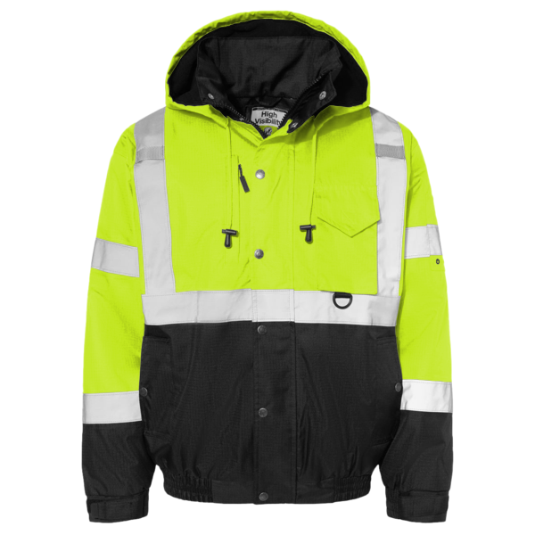 Kishigo Unisex Ripstop Bomber Jacket, Lime / Black, Front view