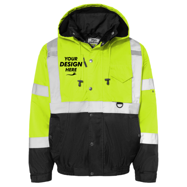Kishigo Unisex Ripstop Bomber Jacket, Lime / Black, Front view, Mockup