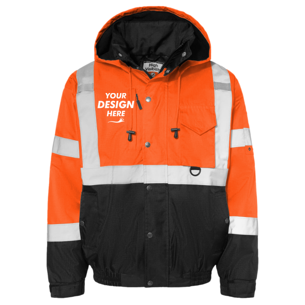 Kishigo Unisex Ripstop Bomber Jacket, Orange / Black, Front view, Mockup