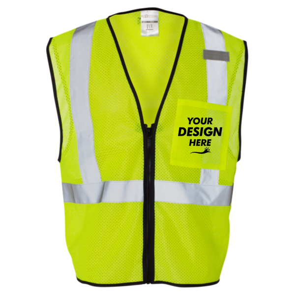 Kishigo Unisex Single Pocket Zipper Mesh Class 2 Vest, Lime, Front view, Mockup