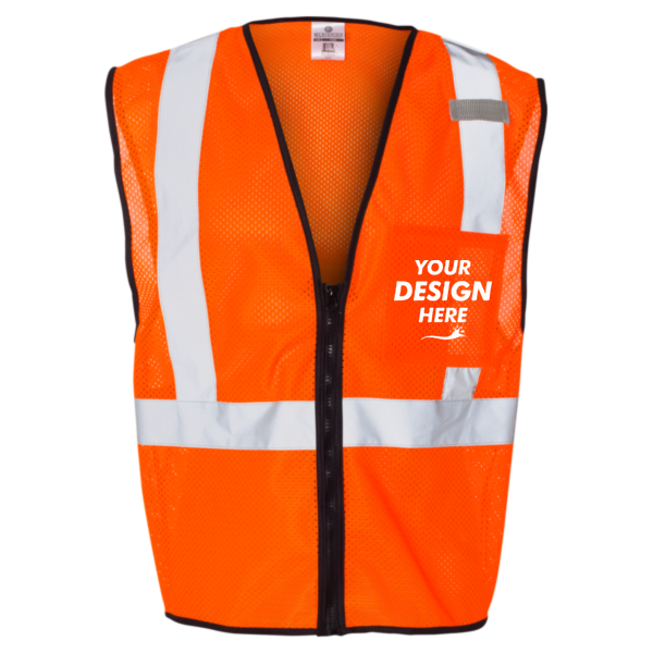 Kishigo Unisex Single Pocket Zipper Mesh Class 2 Vest, Orange, Front view, Mockup