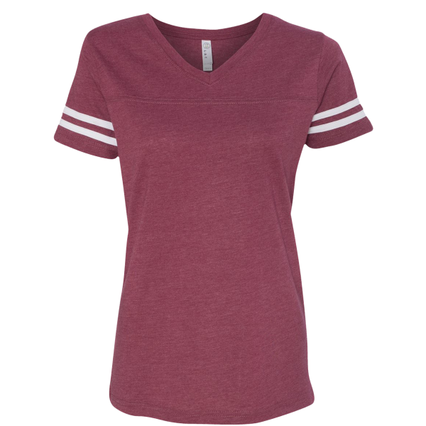 LAT Women's Football V-Neck Fine Jersey Tee, Vintage Burgundy / White, Front view