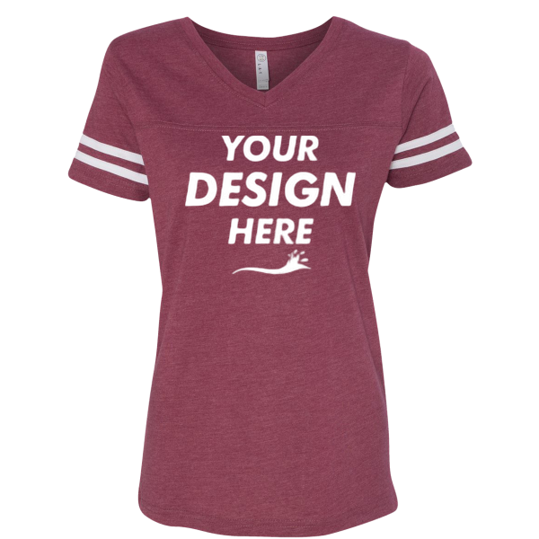 LAT Women's Football V-Neck Fine Jersey Tee, Vintage Burgundy / White, Front view, Mockup