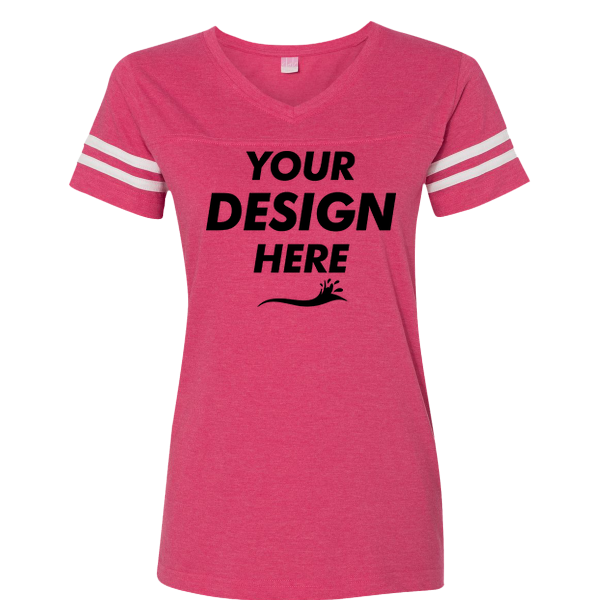 LAT Women's Football V-Neck Fine Jersey Tee, Vintage Hot Pink / White, Front view, Mockup