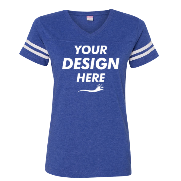 LAT Women's Football V-Neck Fine Jersey Tee, Vintage Royal / White, Front view, Mockup