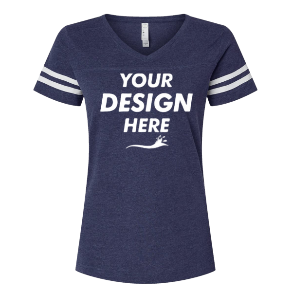 LAT Women's Football V-Neck Fine Jersey Tee, Vintage True Navy / Blended White, Front view, Mockup