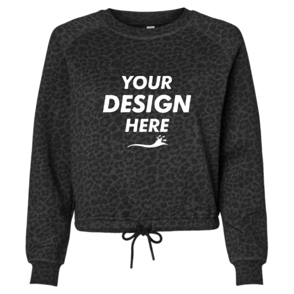 LAT Women's Relaxed 3-End Boxy Fleece Crewneck Sweatshirt, Black Leopard, Front view, Mockup
