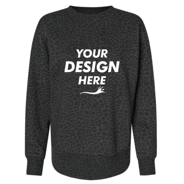 LAT Women's Weekend Fleece Crewneck Sweatshirt, Black Leopard, Front view, Mockup