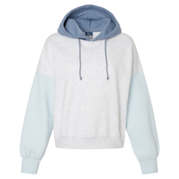 MV Sport Women's Sueded Fleece Colorblocked Crop Hooded Sweatshirt, Arctic Blue, Front view