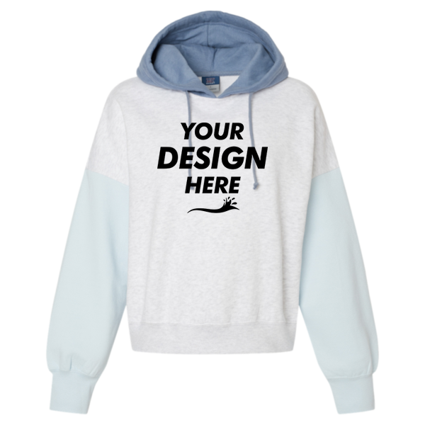 MV Sport Women's Sueded Fleece Colorblocked Crop Hooded Sweatshirt, Arctic Blue, Front view, Mockup