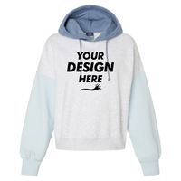MV Sport Women's Sueded Fleece Colorblocked Crop Hooded Sweatshirt, Arctic Blue, Front view, Mockup