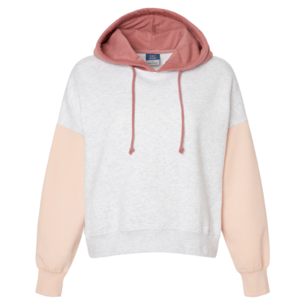 MV Sport Women's Sueded Fleece Colorblocked Crop Hooded Sweatshirt, Cameo Pink, Front view