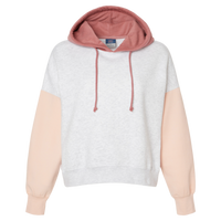 MV Sport Women's Sueded Fleece Colorblocked Crop Hooded Sweatshirt, Cameo Pink, Front view