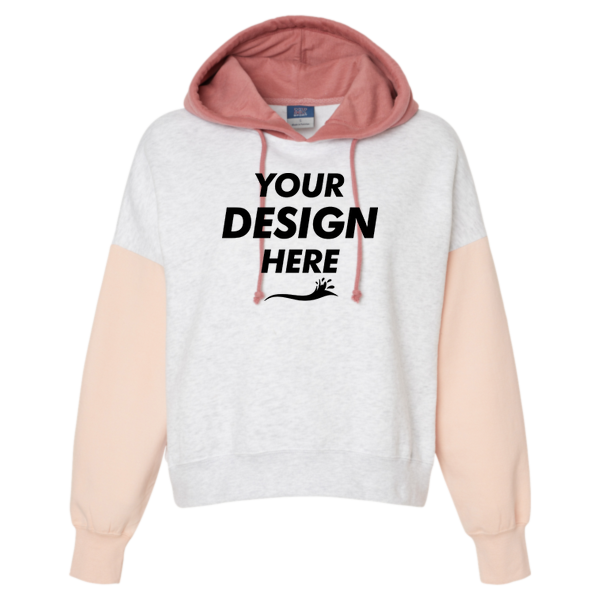 MV Sport Women's Sueded Fleece Colorblocked Crop Hooded Sweatshirt, Cameo Pink, Front view, Mockup