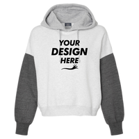 MV Sport Women's Sueded Fleece Colorblocked Crop Hooded Sweatshirt, Charcoal, Front view, Mockup