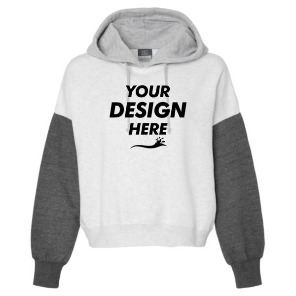 MV Sport Women's Sueded Fleece Colorblocked Crop Hooded Sweatshirt, Charcoal, Front view, Mockup