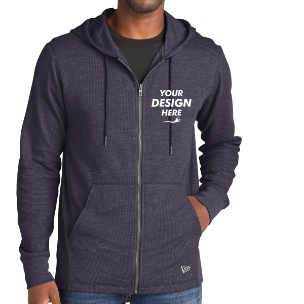 New Era Thermal Full Zip Hoodie, True Navy Heather, Front view, Mockup