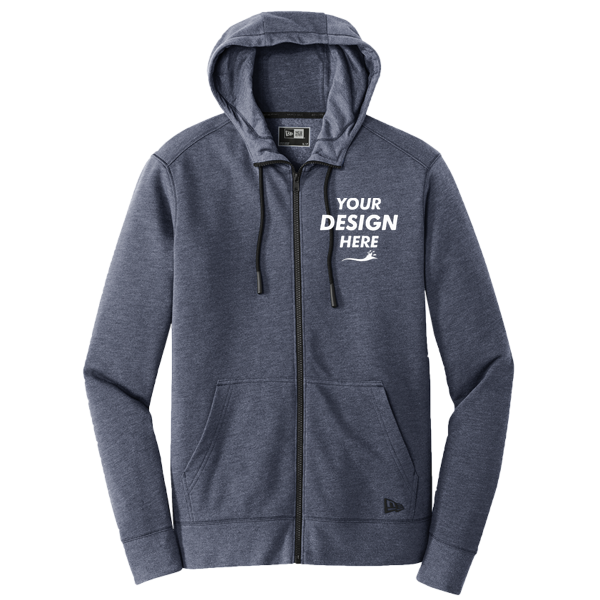 New Era Tri Blend Fleece Full Zip Hoodie, True Navy Heather, Front view, Mockup