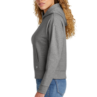 New Era Women's Comeback Fleece Pullover Hoodie, Dark Heather Grey, Left Sleeve view