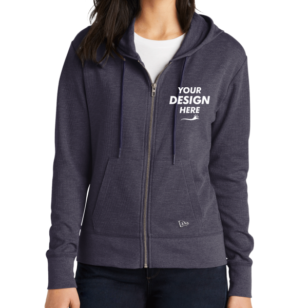 New Era Women's Thermal Full Zip Hoodie, True Navy Heather, Front view, Mockup