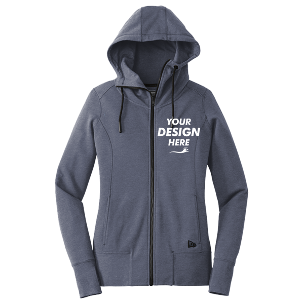 New Era Women's Tri Blend Fleece Full Zip Hoodie, True Navy Heather, Front view, Mockup