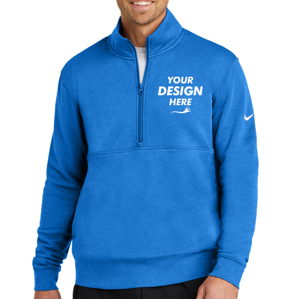 Nike Club Fleece Sleeve Swoosh 1/2 Zip, Light Game Royal Heather, Front view, Mockup