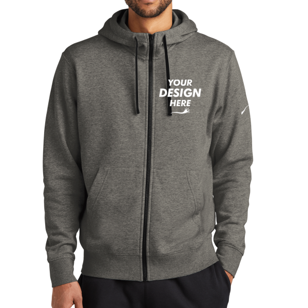 Nike Club Fleece Sleeve Swoosh Full Zip Hoodie, Charcoal Heather, Front view, Mockup