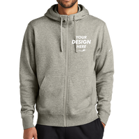 Nike Club Fleece Sleeve Swoosh Full Zip Hoodie, Dark Grey Heather, Front view, Mockup