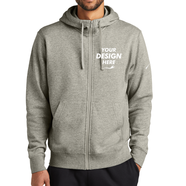 Nike Club Fleece Sleeve Swoosh Full Zip Hoodie, Dark Grey Heather, Front view, Mockup