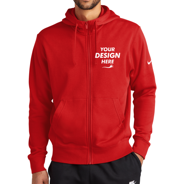 Nike Club Fleece Sleeve Swoosh Full Zip Hoodie, University Red, Front view, Mockup
