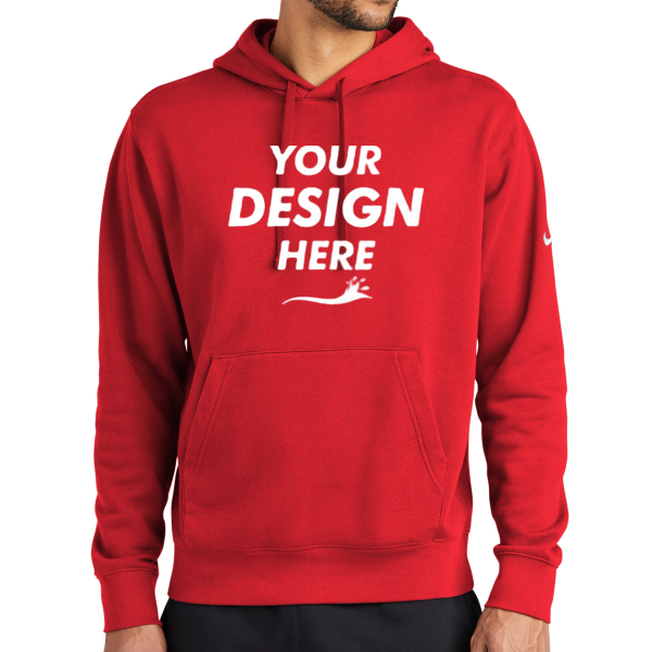 Nike Club Fleece Sleeve Swoosh Pullover Hoodie, University Red, Front view, Mockup