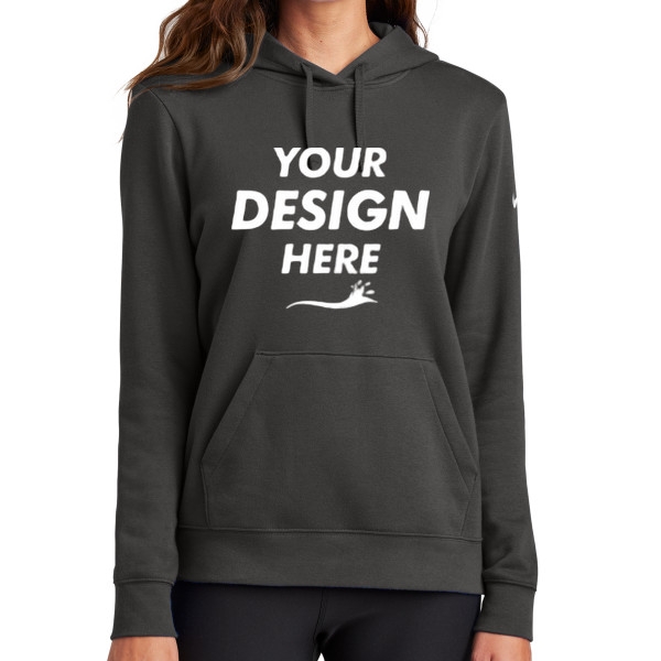 Nike Women's Club Fleece Sleeve Swoosh Pullover Hoodie, Anthracite, Front view, Mockup