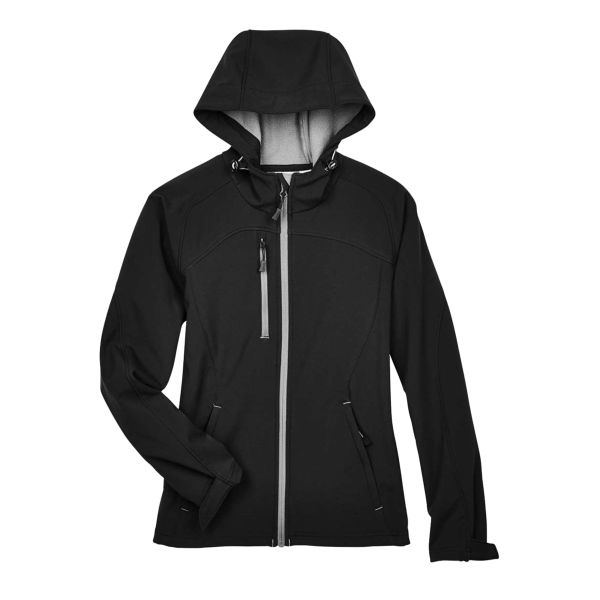 North End Women's Prospect Two-Layer Fleece Bonded Soft Shell Hooded Jacket, Black, Front view