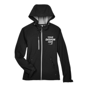 North End Women's Prospect Two-Layer Fleece Bonded Soft Shell Hooded Jacket, Black, Front view, Mockup