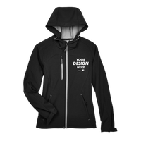 North End Women's Prospect Two-Layer Fleece Bonded Soft Shell Hooded Jacket, Black, Front view, Mockup