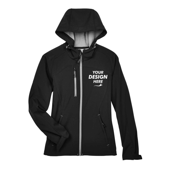North End Women's Prospect Two-Layer Fleece Bonded Soft Shell Hooded Jacket, Black, Front view, Mockup