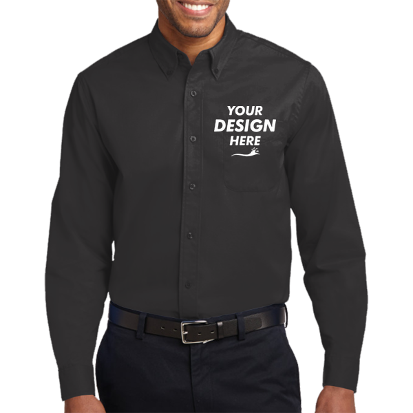 Port Authority Long Sleeve Easy Care Shirt, Black / Light Stone, Front view, Mockup
