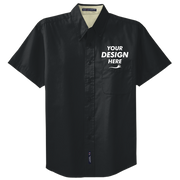 Port Authority Short Sleeve Easy Care Shirt, Black / Light Stone, Front view, Mockup