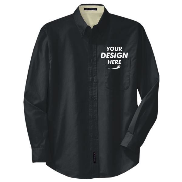 Port Authority Tall Long Sleeve Easy Care Shirt, Black / Light Stone, Front view, Mockup