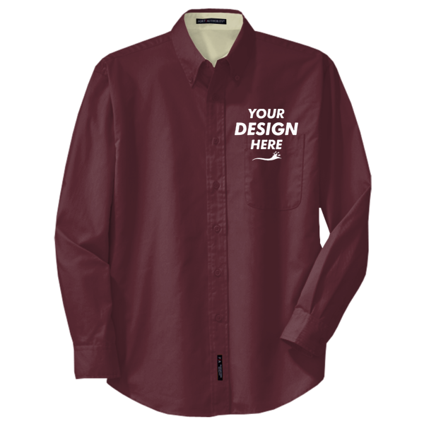 Port Authority Tall Long Sleeve Easy Care Shirt, Burgundy / Light Stone, Front view, Mockup