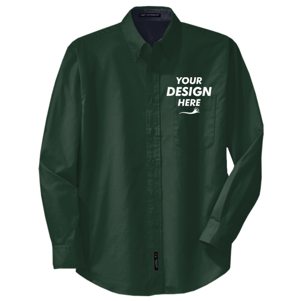 Port Authority Tall Long Sleeve Easy Care Shirt, Dark Green / Navy, Front view, Mockup