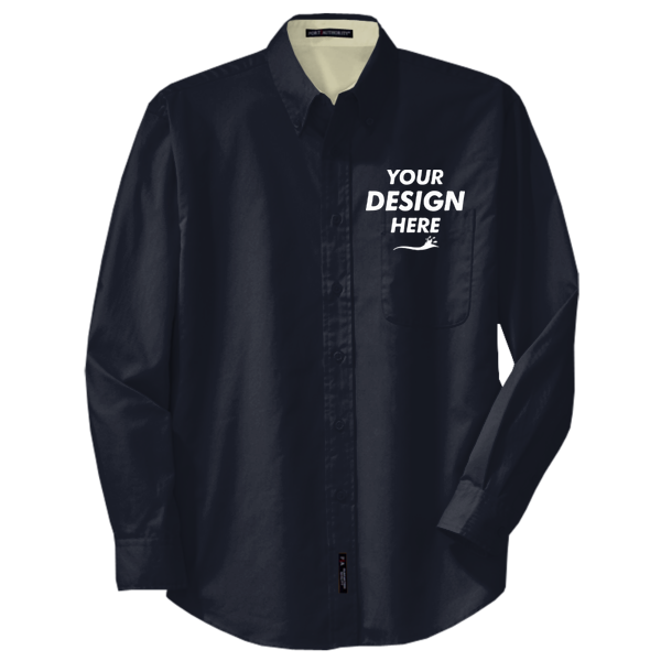 Port Authority Tall Long Sleeve Easy Care Shirt, Navy / Light Stone, Front view, Mockup