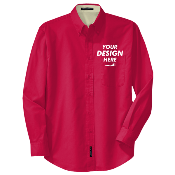 Port Authority Tall Long Sleeve Easy Care Shirt, Red / Light Stone, Front view, Mockup