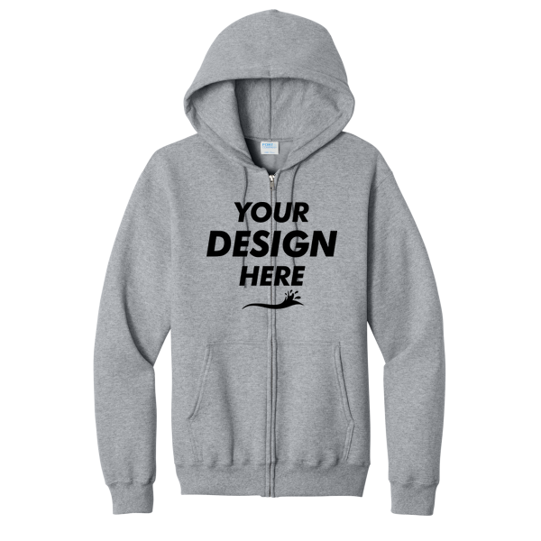 Port & Co Core Fleece Full Zip Hooded Sweatshirt, Athletic Heather, Front view, Mockup