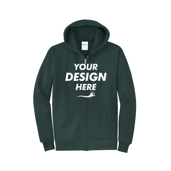Port & Co Core Fleece Full Zip Hooded Sweatshirt, Dark Green, Front view, Mockup