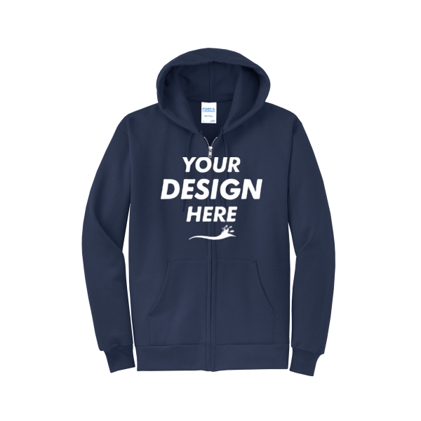 Port & Co Core Fleece Full Zip Hooded Sweatshirt, Navy, Front view, Mockup
